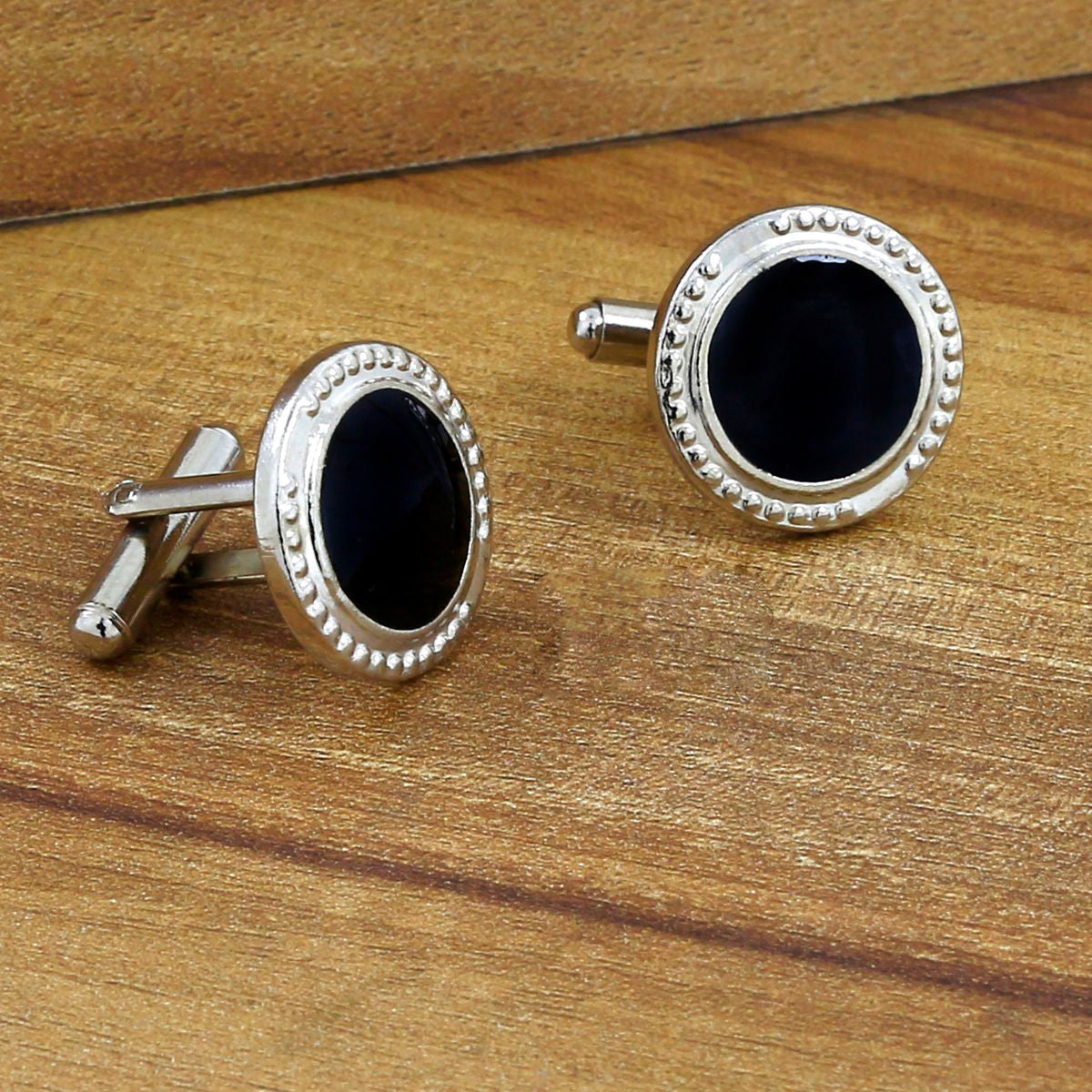 Round Black Crystal Cufflinks In Box
