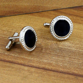 Round Black Crystal Cufflinks In Box