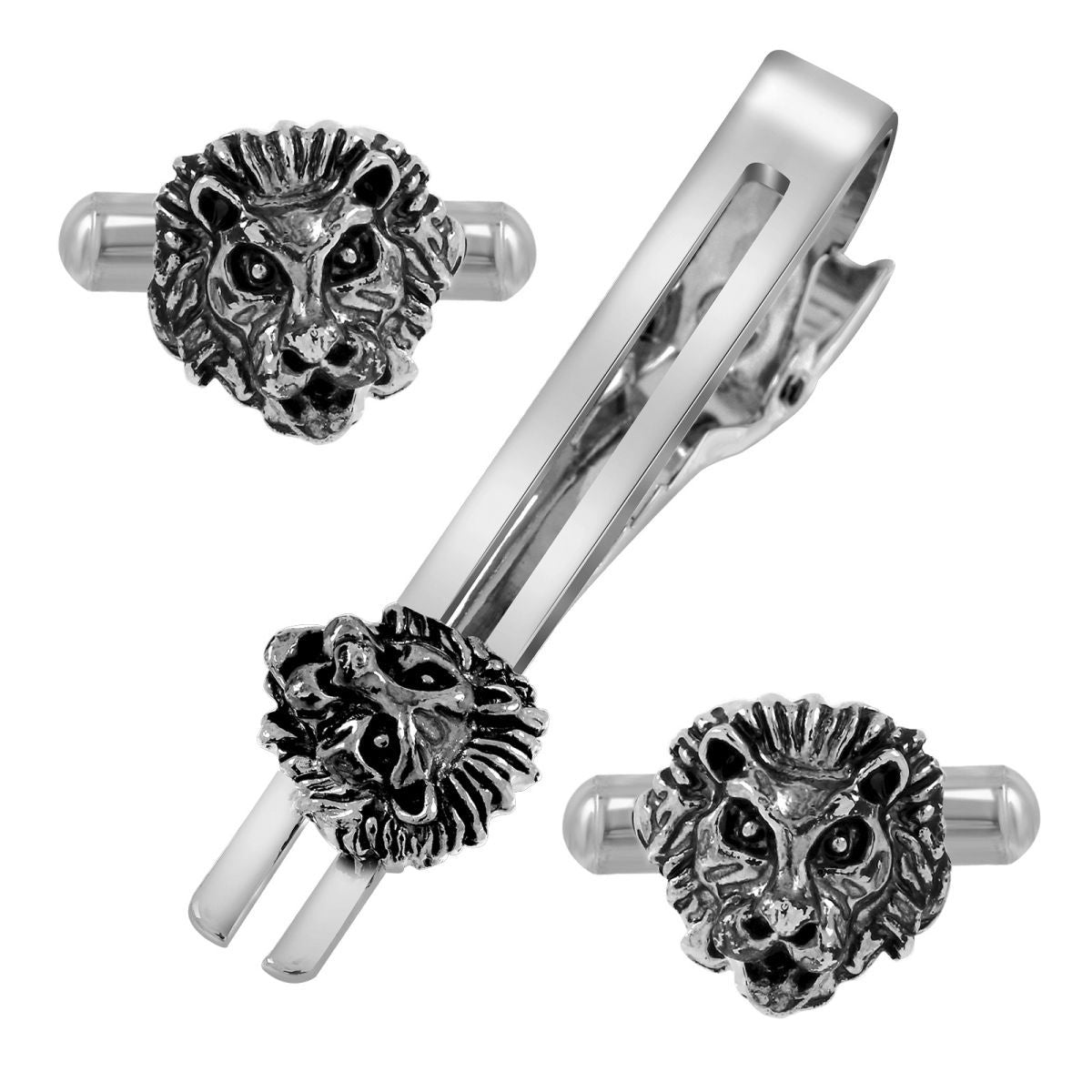 Oxidised Silver Lion Cufflinks Tie Pin Set In Box