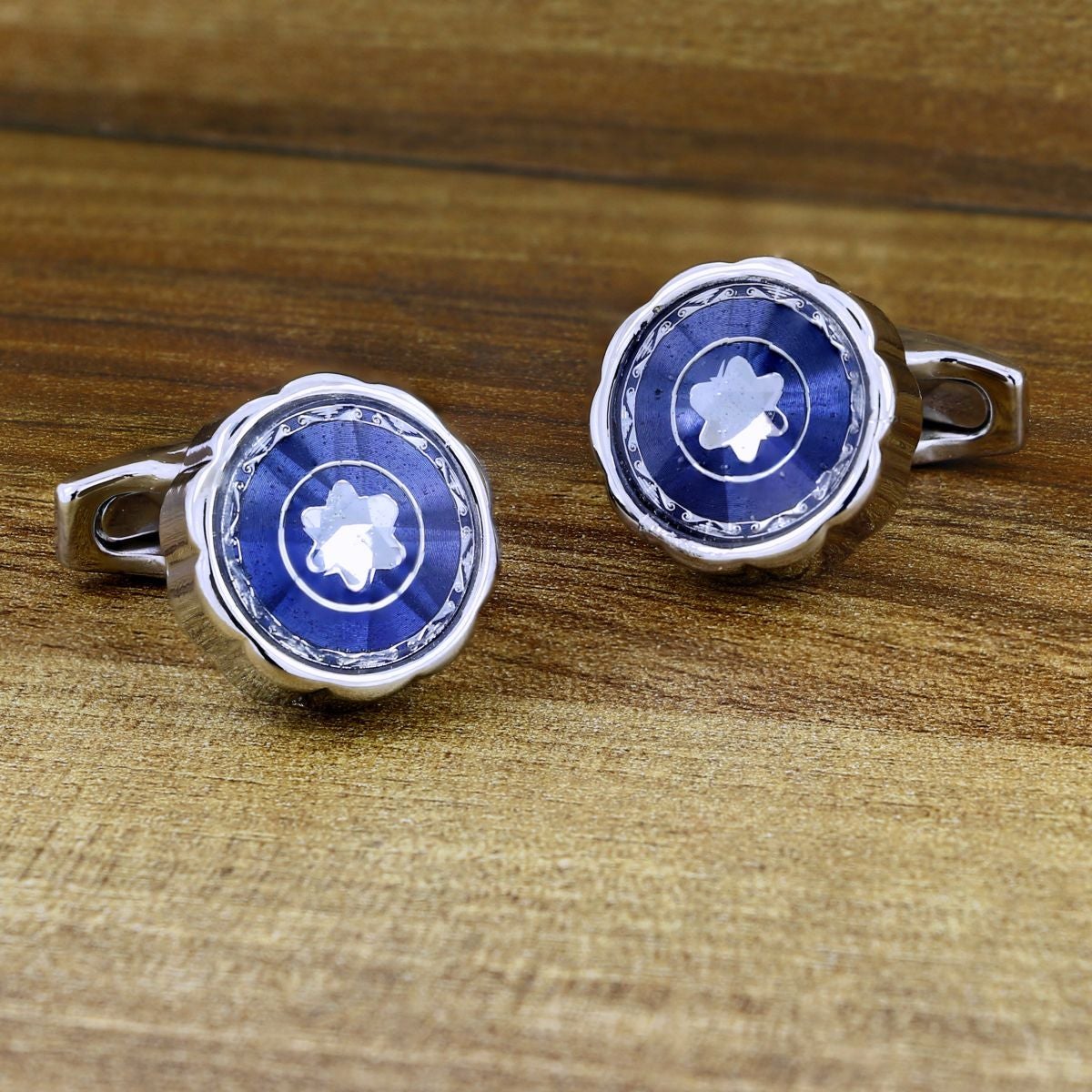 Luxury Blue Silver Formal Shirt Cufflinks for Men Branded Gift Box