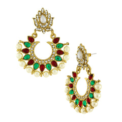 Red Green Stone Pearl American Diamond Chaand Bali Earring For Women