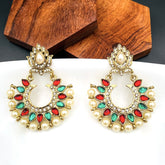 Red Green Stone Pearl American Diamond Chaand Bali Earring For Women
