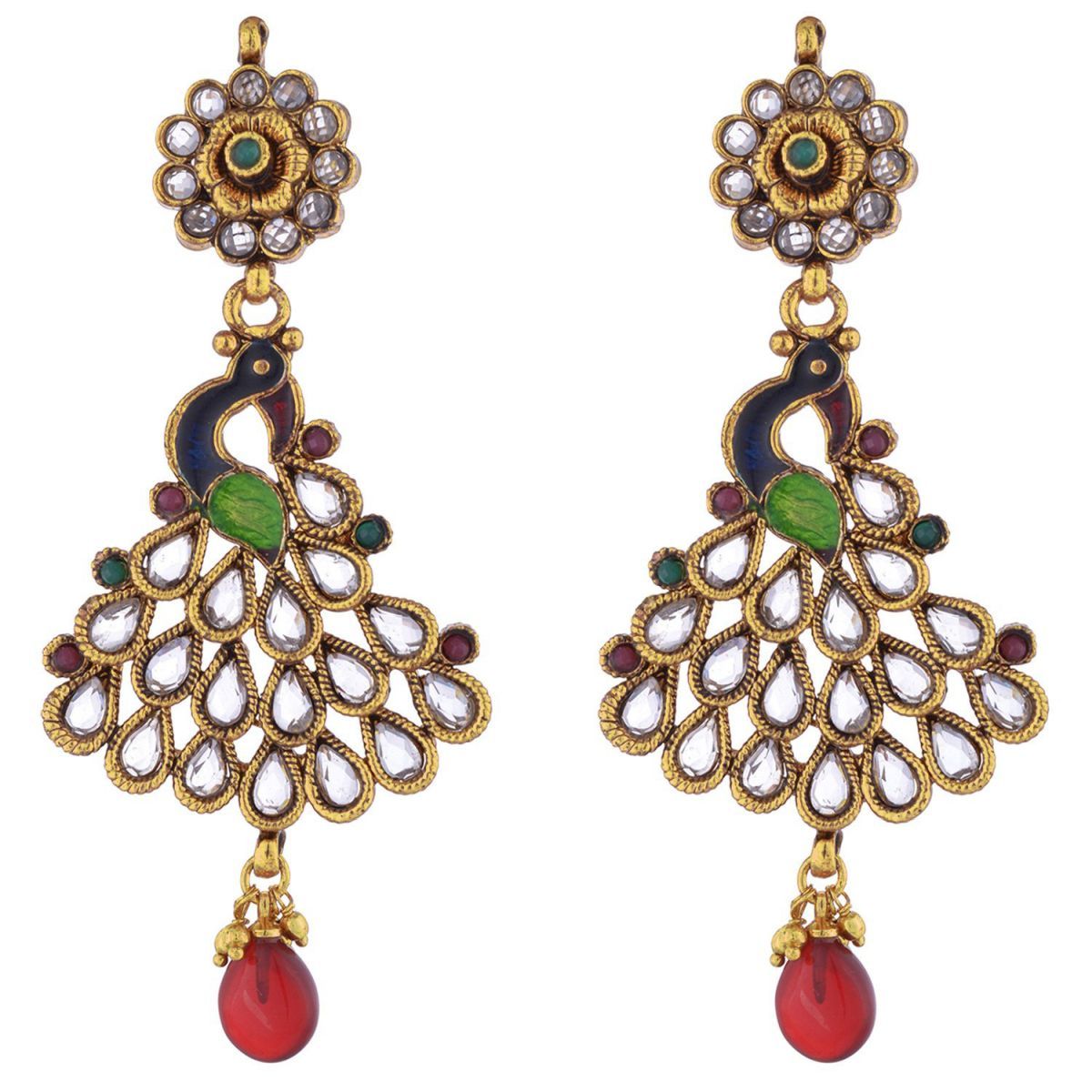 Peacock Antique Gold Plated Meenakari Kundan Earring For Women