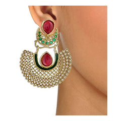 Chaand Red Green Gold Plated Pearl Bali Earring For Women