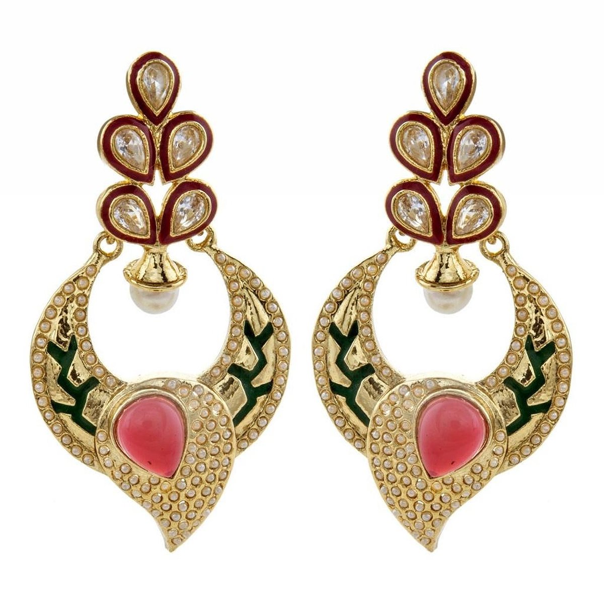 Red Green Gold Plated Meenakari Pearl Earring For Women