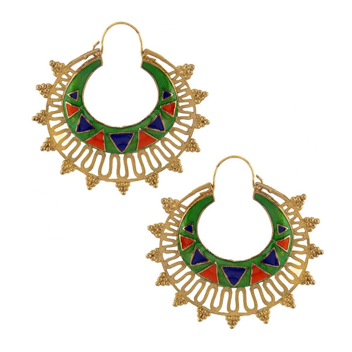 Green Meena Large Antique Gold Plated Chaand Bali Earring For Women
