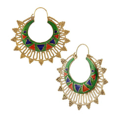 Green Meena Large Antique Gold Plated Chaand Bali Earring For Women