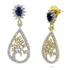 Sapphire Blue American Diamond Cz Rhodium Dainty Dangle & Drop Earring For Women