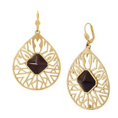 18K Gold Plated Filigree Black Stone Dangling Earring For Women