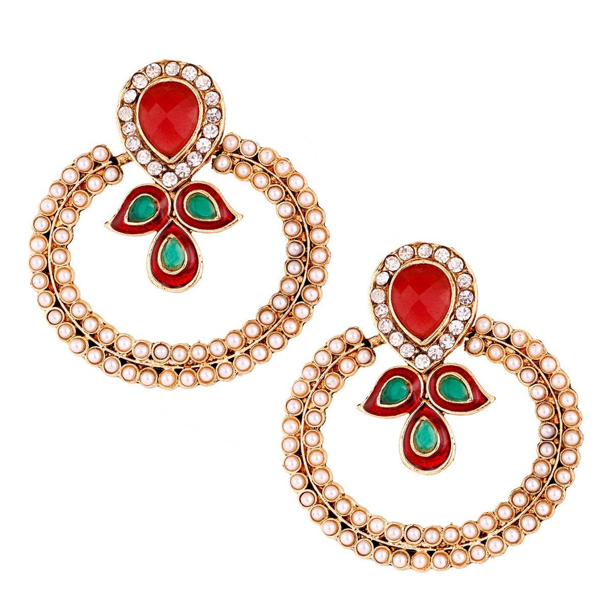 Gold Pearl Cz Maroon Green Meenakari Chaand Bali Earring For Women
