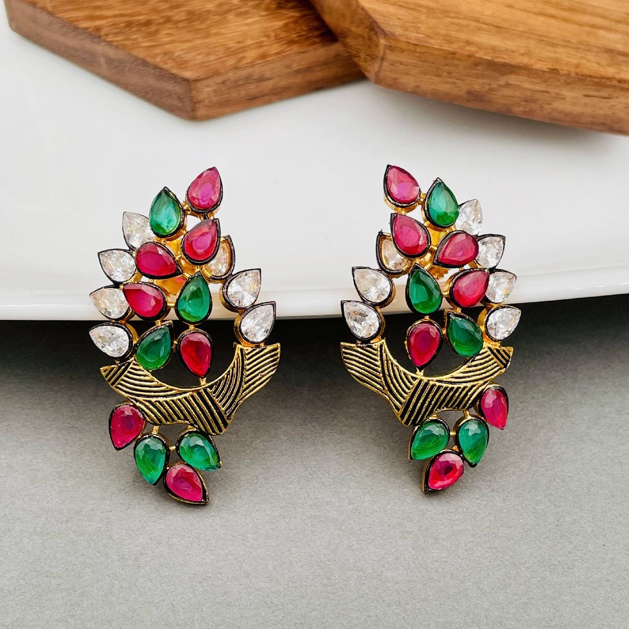 Floral Marquise 18K Gold Green Maroon Kundan Stud Earring For Women