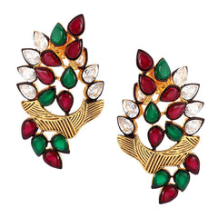 Floral Marquise 18K Gold Green Maroon Kundan Stud Earring For Women