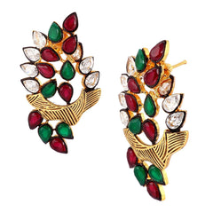 Floral Marquise 18K Gold Green Maroon Kundan Stud Earring For Women