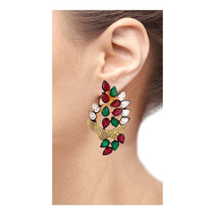 Floral Marquise 18K Gold Green Maroon Kundan Stud Earring For Women