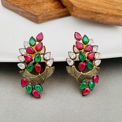 Floral Marquise 18K Gold Green Maroon Kundan Stud Earring For Women