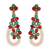 Floral Cluster Gold Plated Red Green Pearl Dangling Earring For Women