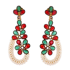 Floral Cluster Gold Plated Red Green Pearl Dangling Earring For Women