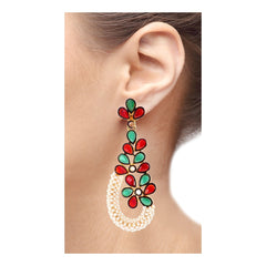Floral Cluster Gold Plated Red Green Pearl Dangling Earring For Women