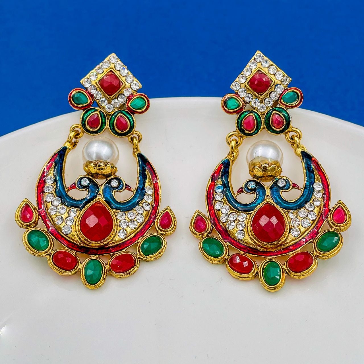 Peacock 22K Gold Red Blue Green Pearl Cz Dangling Earring For Women