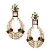 Oval Chaand Bali Gold Red Green Pearl Cz Dangling Earring For Women