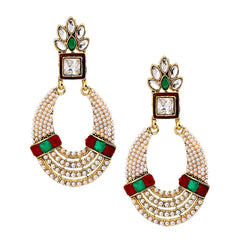 Oval Chaand Bali Gold Red Green Pearl Cz Dangling Earring For Women