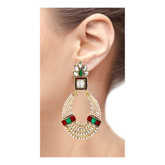 Oval Chaand Bali Gold Red Green Pearl Cz Dangling Earring For Women