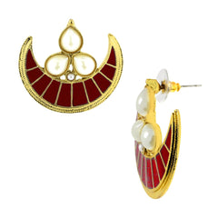 Crescent Chaand 18K Gold Maroon Meenakri Pearl Stud Earring For Women