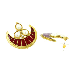 Crescent Chaand 18K Gold Maroon Meenakri Pearl Stud Earring For Women