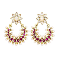 Chaand Crescent18K Gold Magenta Pink Kundan Pearl Dangling Earring