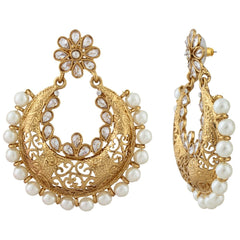 Festive Kundan Pearl Antque Gold Plated Chaand Bali Earring For Women