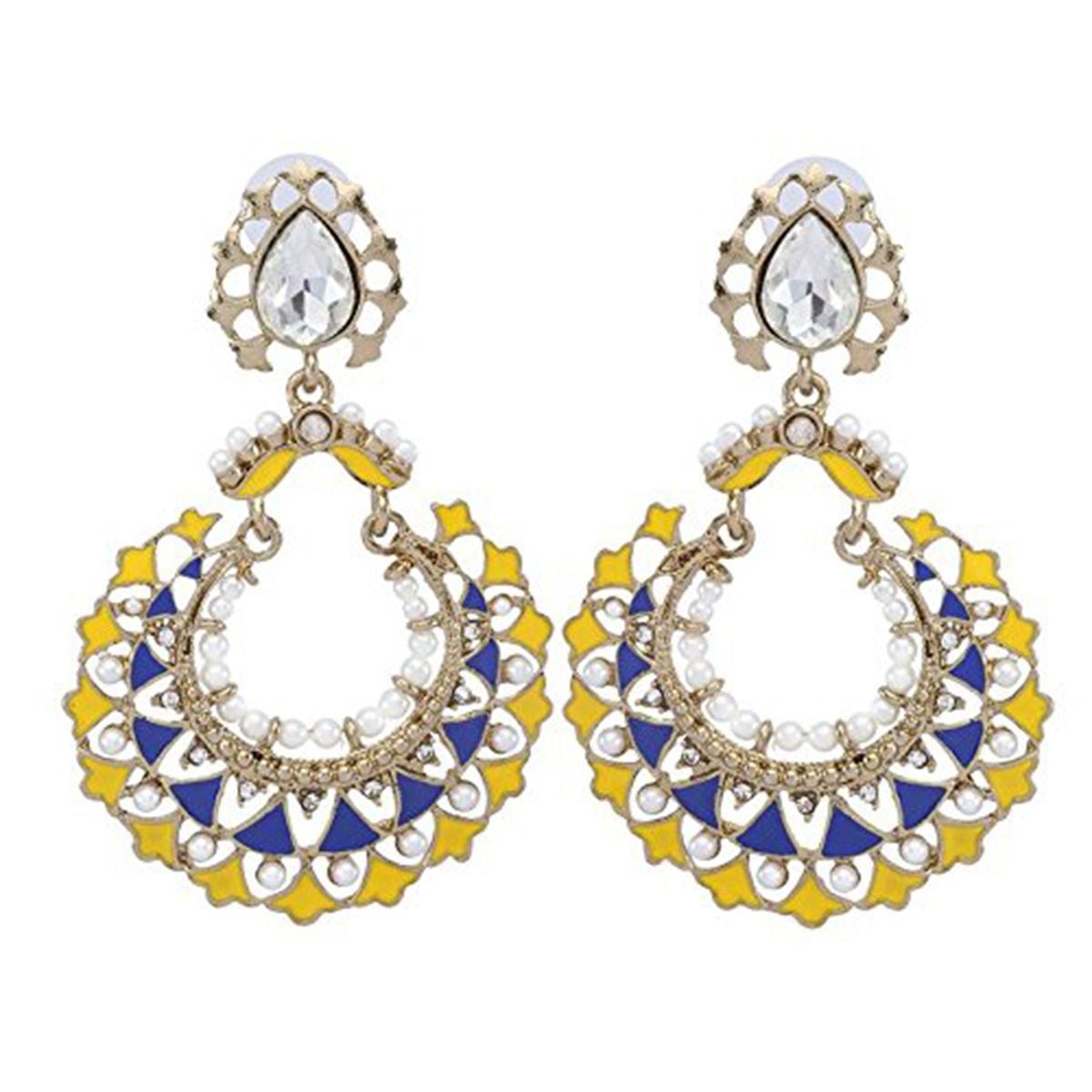 Gold Plated Blue Yellow Meenakari Large Chaand Bali Earring For Women