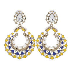 Gold Plated Blue Yellow Meenakari Large Chaand Bali Earring For Women