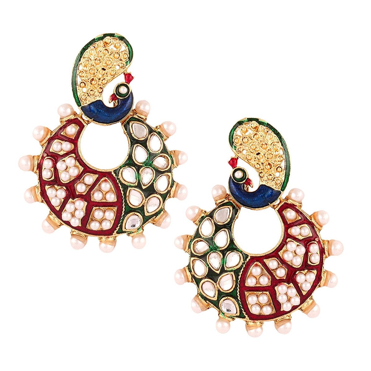 Peacock Chaand Bali Gold Maroon Green Blue Pearl Jhumki Earring