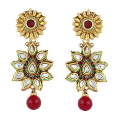 Flower 22K Antique Gold Kundan Ruby Red Dangling Earring For Women