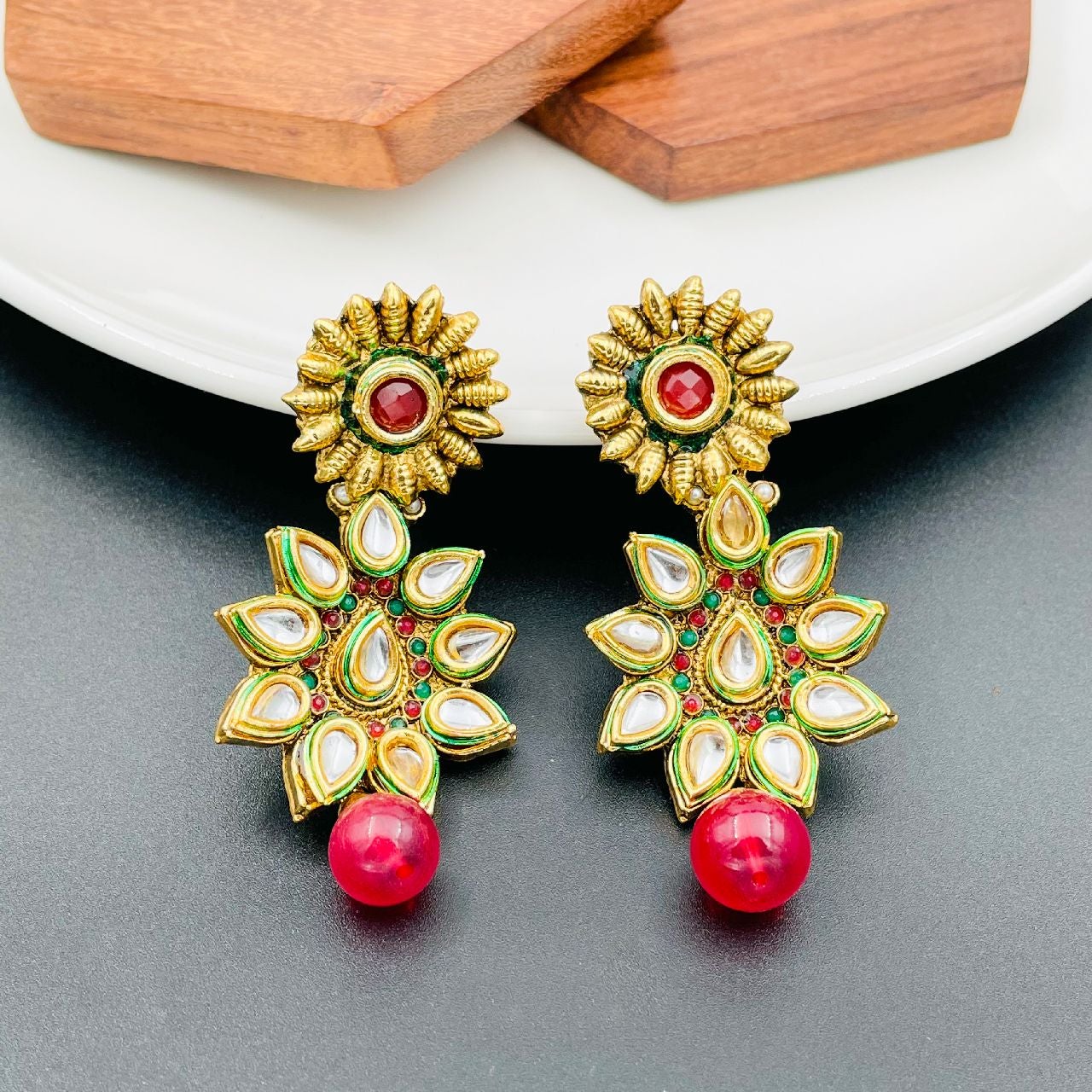 Flower 22K Antique Gold Kundan Ruby Red Dangling Earring For Women