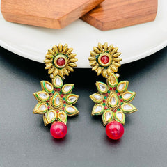 Flower 22K Antique Gold Kundan Ruby Red Dangling Earring For Women