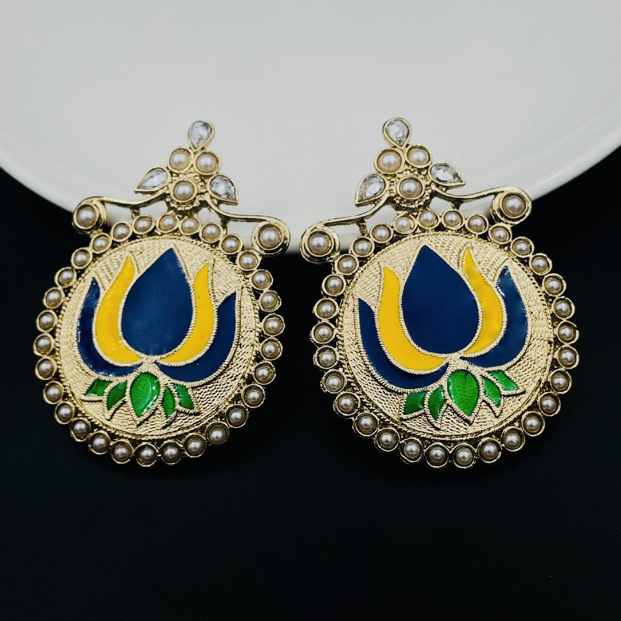 Statement Large Lotus Flower Blue Yellow Stud Earring For Women