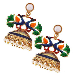 Peacock Crown Gold Plated Maroon Meenakari Jhumki Earring For Women