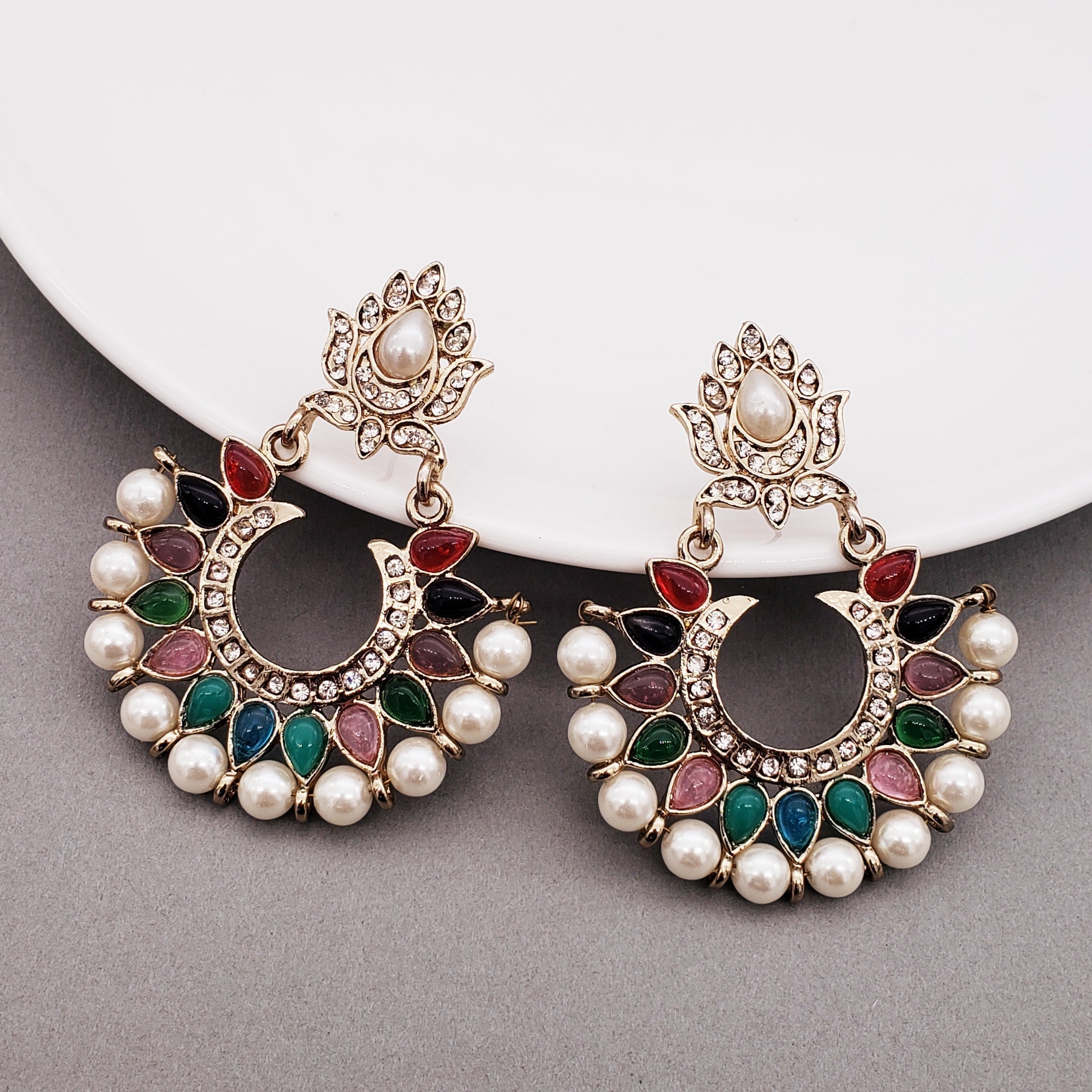Festive Navratna Chaand Pearl Chaand Bali Earring For Women