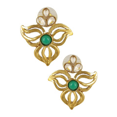 Cute Gold Plated Kundan Emerald Green Filigree Stud Earring For Women.
