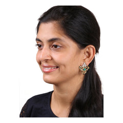 Cute Gold Plated Kundan Emerald Green Filigree Stud Earring For Women.