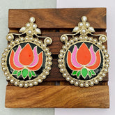 Statement Large Lotus Flower Pink Green Orange Black Stud Earring