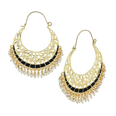 Filigree Chaand Bali Antique Gold Black Meena Hoop Earring For Women