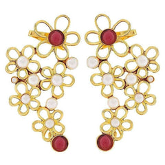 Gold Plated White & Red Pearl Filigree Cuff Earring For Women