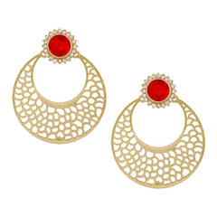 Chaand Bali Filigree Antique Rhodium Plated Red Earring For Women
