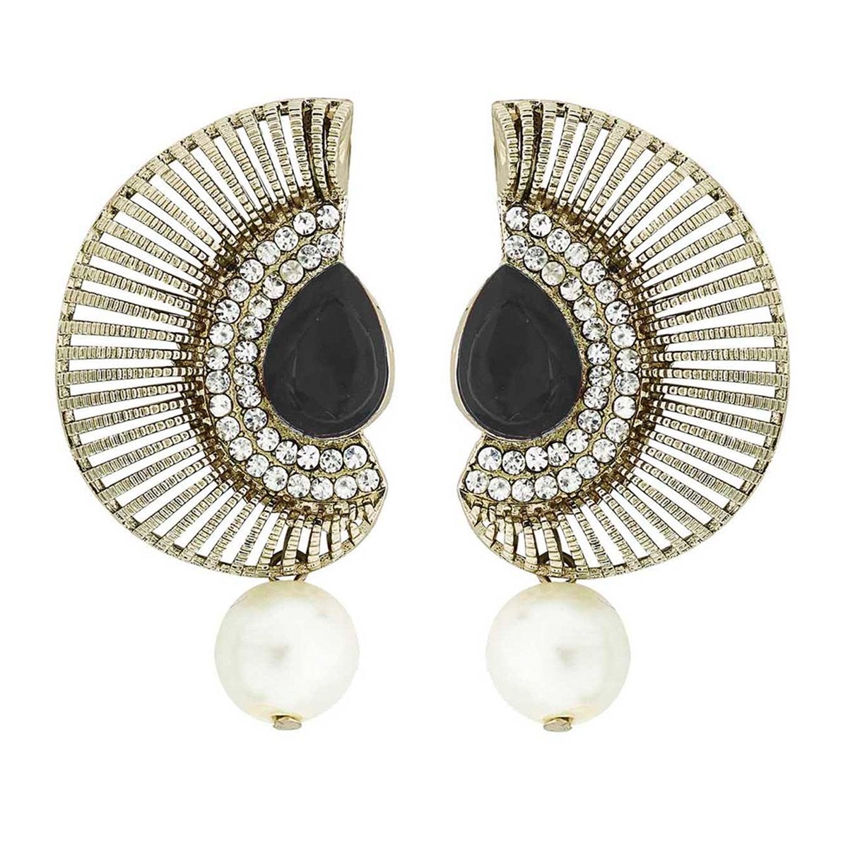 Filigree Crescent Antique Rhodium Black Cz Pearl Earring For Women