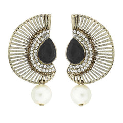 Filigree Crescent Antique Rhodium Black Cz Pearl Earring For Women
