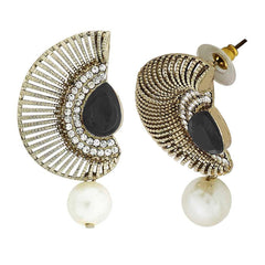 Filigree Crescent Antique Rhodium Black Cz Pearl Earring For Women