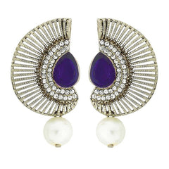 Filigree Crescent Antique Rhodium Blue Cz Pearl Earring For Women