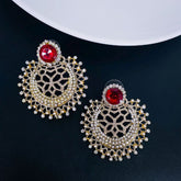 Chaand Bali Filigree American Diamond Pearl Silver Red Stud Earring